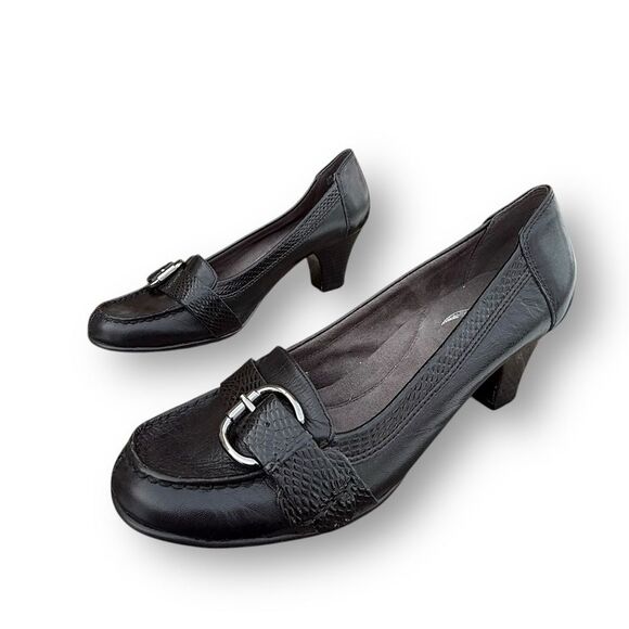 Aerosoles Heelrest Black Leather Moccasins Heeled Loafers Shoes Women's size 9.5 - Picture 2 of 15